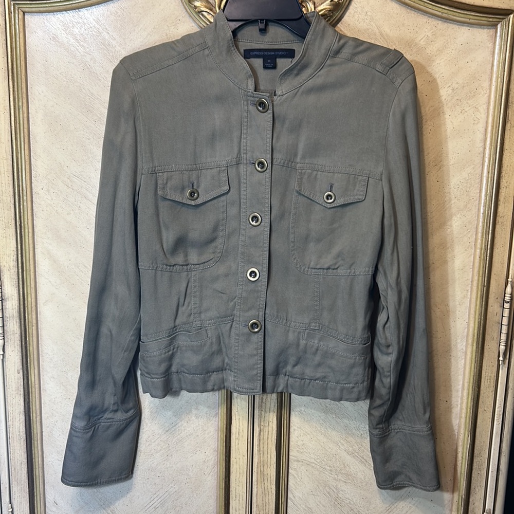 Express Design Studio Olive Green Silk w/ Cotton Lined Military Jacket